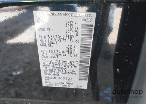 2013 Infiniti Jx35 z USA, uszkodzony, nr VIN 5N1AL0MN1DC352313